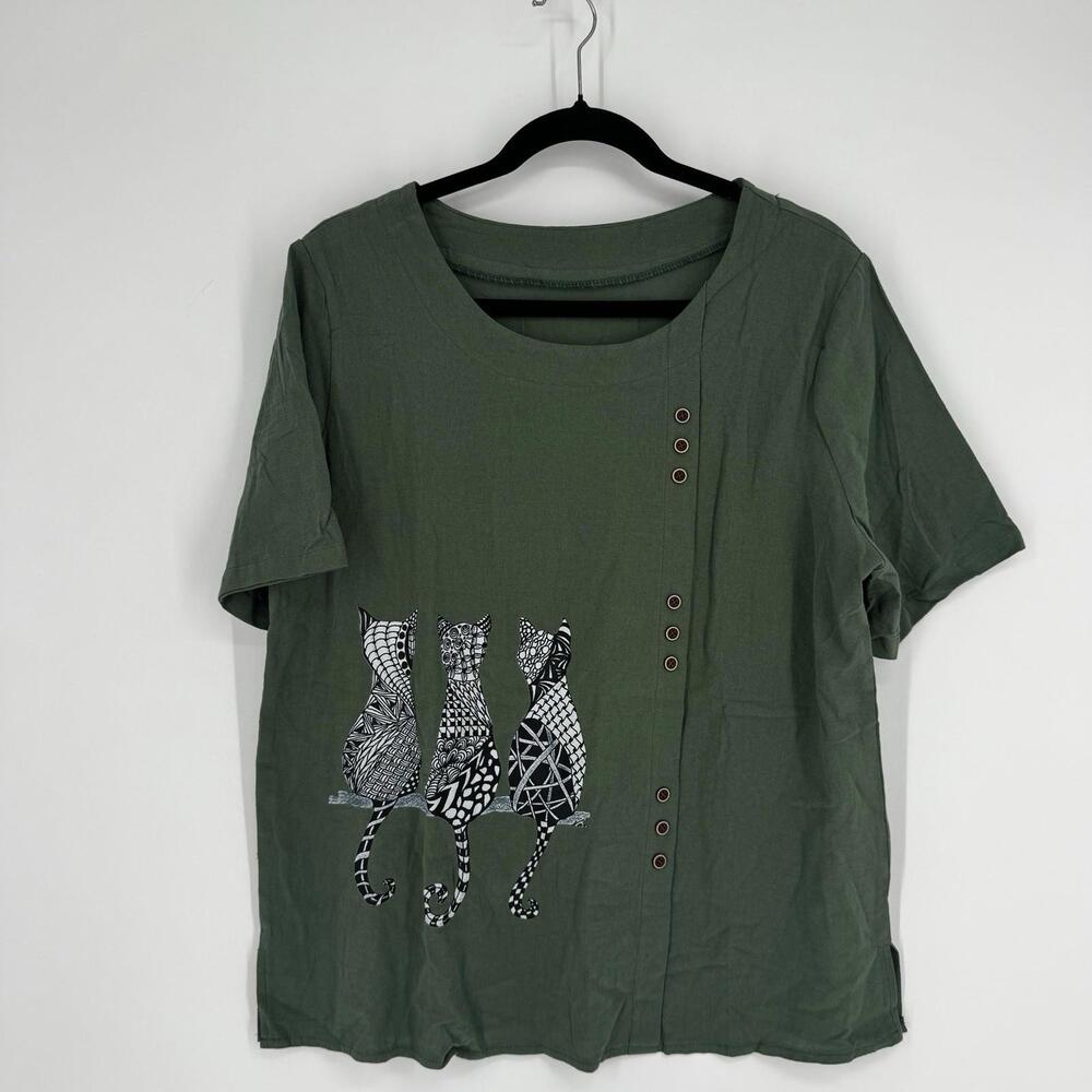 Green relaxed fit shirt top womens large L crazy cat lady lagen look cottage